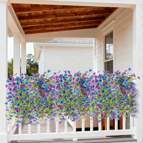 Artificial Faux Flowers Plants for Outdoor Spring Summer Decoration, 2 PCS Fake Silk Daisy Flowers No Fade UV Resistant Realistic for Outside Home Planter Porch Patio Balcony Yard Decor (Blue Purple) - color: Blue Purple