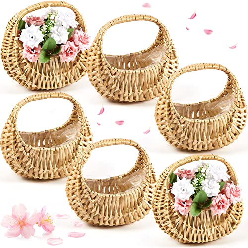 Taiyin 6 Pack Rattan Flower Girl Basket Half Moon Straw Wicker Basket with Handle 6.7" x 6.5" x 4.3" Ideal for Wedding Flower Girl, Picnic, Garden Storage and Home Decor (Nature) - color: Nature
