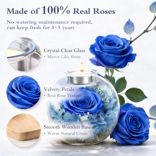 Preserved Real Rose in Glass with Scented Candles for Mom Her Wife Girlfriend Grandma Birthday Anniversary Romantic - color: Zenith Blue