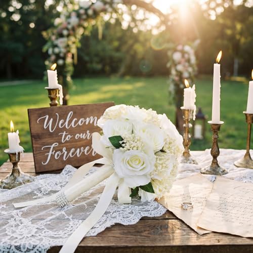 Janinka 10 Inch Large Wedding Bouquets for Bride Bridesmaid Artificial Rose Flowers Paired with Silk Ribbon and Rhinestones Bridesmaid Bouquet for Proposal Party Church Decoration(Milky White,Rose) - color: Milky White, style: Rose