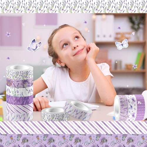 12 Rolls of Lavender Washi Tape, Purple Floral Decorative Tape, DIY Flower Butterfly Pattern Sticker for Journals, Planners, Scrapbooking, Packaging, Crafts, Party Supplies Favors