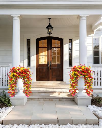 Cascading Fake Hanging Flowers for Outdoors,Realistic Artificial Hanging Plants Yard Decorations,4 Bundles UV Resistant NO Fade Silk Colorful Morning Glory for Outside Garden Planter Front Porch Decor - color: Red Yellow Rose