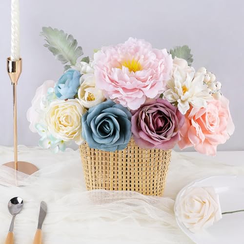 AGIRL Artificial Flowers Combo Silk Pink Roses Fake Flower with Stems for DIY Wedding Bouquets Centerpieces Arrangements Table Chair Decor Baby Shower Home Decor (Blue Pink) - color: Blue Pink