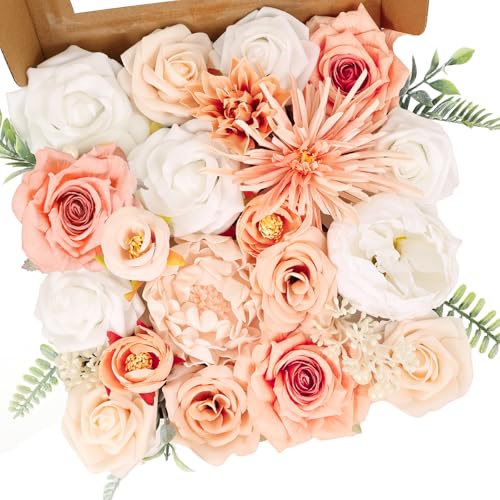 Artificial Flowers Combo Box Set Artificial Bouquets Wedding Flowers for Centerpieces Faux Flowers with Stems Peach Roses Artificial Flowers for Decor - color: Peach Pink