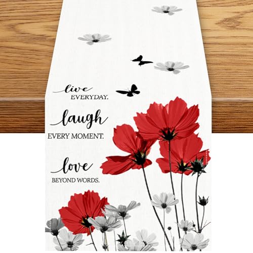 Red Daisy Table Runner, Boho Farmhouse Spring Summer Floral Flower Butterfly Country Coffee Table Center Decor for Family Kitchen Holiday Party Table Decorations, 13"x36" - color: Daisy-9, size: 13“ X 36"