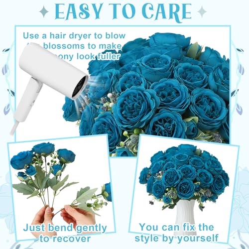 8 Pack Teal Peonies Artificial Flowers, Faux Floral Fake Silk Hydrangea Bouquet for Bridal Wedding Home Table Decor Reusable Dining Opening Ceremony Birthday Arrangement - color: Teal