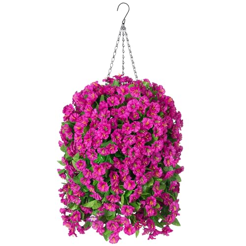 Ammyoo Artificial Faux Hanging Flowers Basket for Spring Summer Outdoor Porch Decoration, Fake Silk Colorful Morning Glory Eucalyptus in Planter UV Resistant for Home Balcony Yard(Red Purple) - color: Red Purple