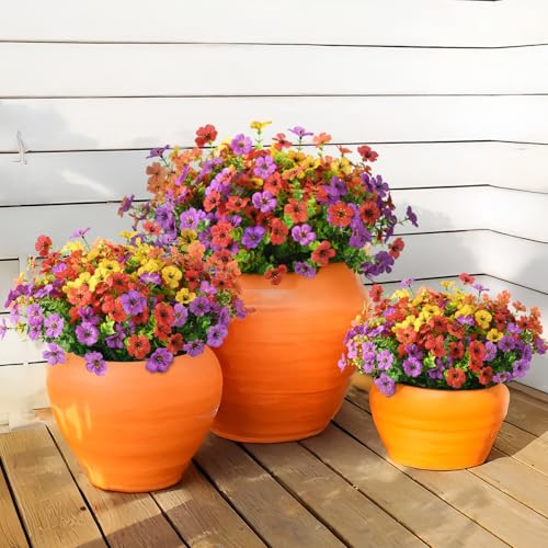 INQCMY Artificial Flowers for Outdoors Faux Plants Outdoor Fake Flowers Spring Decoration,12 Bundles Faux Silk Colorful Daisy Realistic UV Resistant for Outside Home Planter Window Porch Patio Yard - color: Purple,red,orange,yellow, size: 12 PCS
