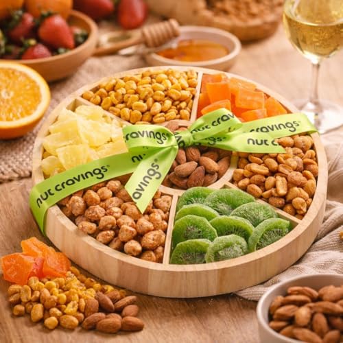 NUT CRAVINGS - Dried Fruit & Mixed Nuts Gift Basket in Reusable Round Wooden Tray + Ribbon (7 Assortments) Food Arrangement, Healthy Snack Care Package, Kosher Treats for Adults - style: 6. Dried Fruits & Nuts Round Wooden Tray