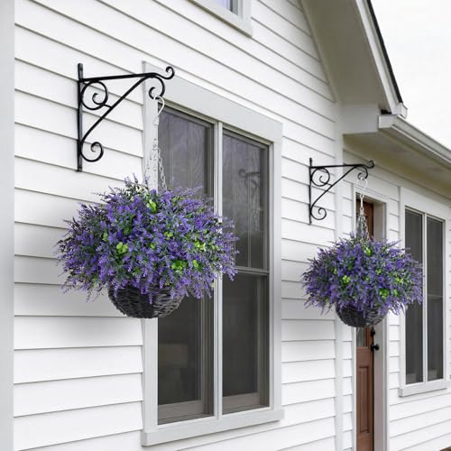 GLIDLION Artificial Eucalyptus & Lavender Hanging Basket (2 Pieces) - Realistic Fake Hanging Plants Set, Outdoor Faux Eucalyptus Leaves for Farmhouse Eaves Porch Decor | Spring,Summer,All Season