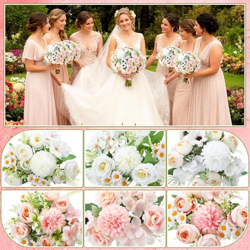 Tigeen 6 Bundles Artificial Bouquet Flowers Artificial Peonies Faux Roses Hydrangea Flowers Bouquet for Wedding Table Centerpiece Floral Vase Decor (White,Pink) - color: White,pink