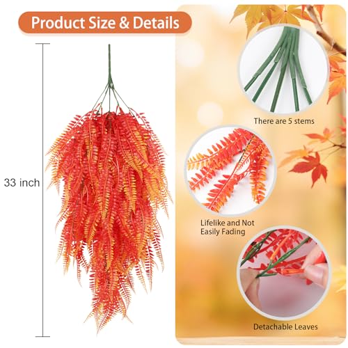 RECUTMS Artificial Hanging Plants 4Pcs Fake Boston Fern Real Touch Faux Greenery Leaves UV Resistant Plastic Ivy Vines for Patio Wall Home Garden Wedding Indoor Outdoor Decor (A-Gold) - color: Fall