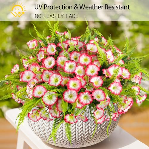 Artificial Flowers for Outdoors 12 Bundles UV Resistant Pink Artificial Petunias Fake Flowers Shrubs Plants with Fern for Indoor Outside Hanging Planters Home Garden Spring Summer Decorations - color: Pink