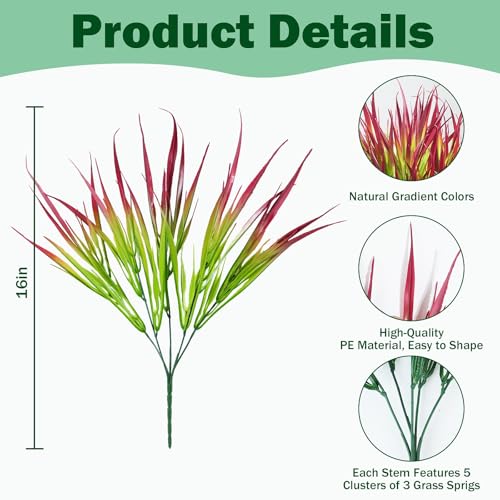 Uieke 12 Bundles Artificial Outdoor Plants UV Resistant Fake Grass Plants Faux Plastic Plants Greenery Shrubs for Home Garden Pathway Window Box Front Porch Spring Summer Decor, Deep Red - color: Light Green & Red, size: 12
