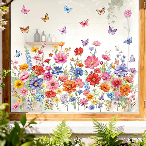 decalmile Spring Summer Colorful Flower Double Sided Window Clings Wildflower Bouquet Butterfly Plants Anti-Collision Glass Doors Window Stickers Decals - color: Colorful Flower