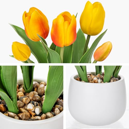 Hollyone Yellow Tulips Artificial Flowers in Vase Fake Tulips Silk Flowers Arrangements Faux Tulip Bulbs with Ceramic Pot Tulip Potted Plants Floral Bouquet for Home Decor Table Centerpiece Decoration - color: Small - Yellow
