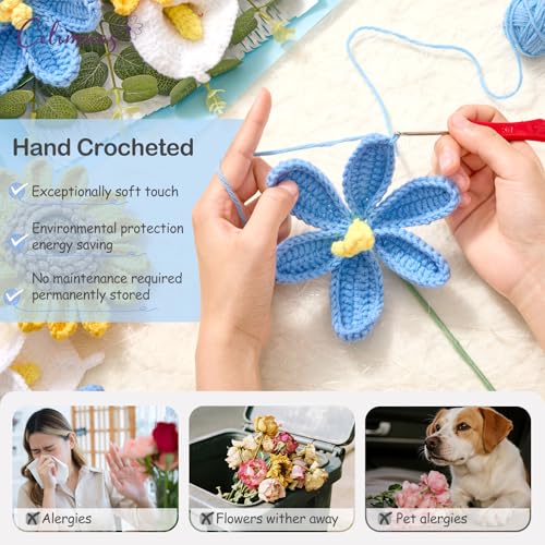 Crochet Flower Bouquet,Blue Knitted Flowers, Handmade Sunflowers Tulips Roses Bouquet for Valentine Day Birthday Anniversary Party Mother's Day Graduation Gifts(with Card) - color: Blue