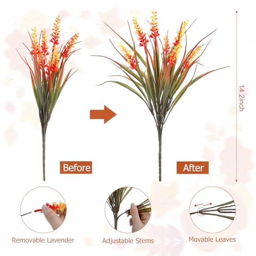 Artificial Fall Flowers for Outdoors, 24 Bundles Lavender Fake Mums Plants UV Resistant Plastic Faux Flowers with Monkey Grass for Home Porch Garden Planters Window Box Autumn Thanksgiving Decorations - color: Orange, size: 24 Bundles