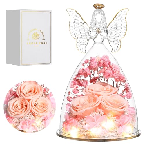 Mothers Day Rose Gifts for Women Preserved Real Flower in Glass Angel Figurines Roses for Delivery Prime Birthday Gifts for Mom Grandma Girlfriend Wife Her, Champagne - color: Champange