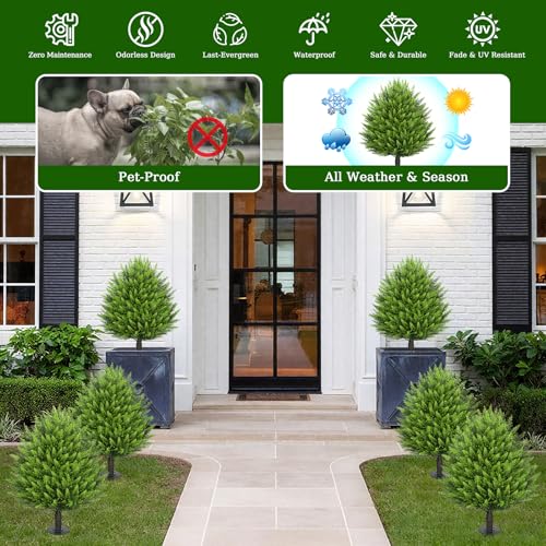 31" Artificial Cedar Topiary Ball Trees with Ground Spike,2 Pack Fake Bushes Shrubs Pine, UV Resistant Faux Evergreen Cypress Tree Plants for Indoor Outdoor Planters Front Porch Garden Decor