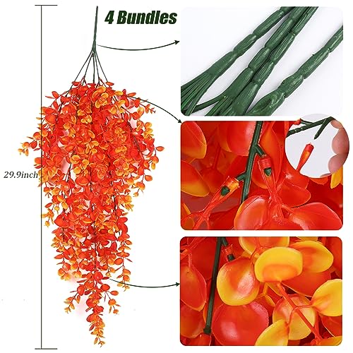 RECUTMS Fall Artificial Flowers Fake Hanging Eucalyptus Leaf Plants 4Pcs 2.7Ft Fake Plastic Plant for Home Room Garden Patio Indoor Outdoor Shelf Office Front Porch Thanksgiving Party Greenery Decor - color: Gold