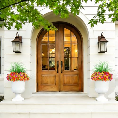 INQCMY Artificial Flowers for Outdoors UV Resistant, 14 Bundles Fake Plants Realistic Silk Flowers with Faux Ferns for Outside Planters Home Porch Patio Garden Back Yard Spring Summer Decoration - color: Light Purple Orange Yellow Red
