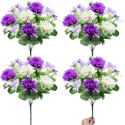 44 Heads Artificial Flowers for Outdoors, 4 Bunches 17 Inch Dahlia Daisies Mum Fake Plants UV Resistant Faux Flowers Bouquet Cemetery Flowers for Grave Outside Indoor Home Spring Summer Decor (Purple) - color: Purple