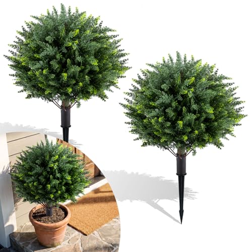 Goplus 27.5" Artificial Cypress Topiary Trees Set of 2, Faux Topiary Bushes Shrubs with Ground Spikes, Indoor Outdoor Sun-Resistant Fake Evergreen Shrub Plants for Front Porch, Patio, Home Decoration - color: Cypress