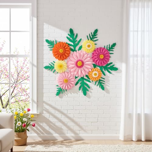 PAPER JAZZ Paper Flower Wall Decor, Handmade 3D Daisy Party Decoration Large Paper Flower in Pink, Orange, Yellow with Green Leaves, Modern Home Wall Art for Bulletin Board,Easter - color: Rose Red
