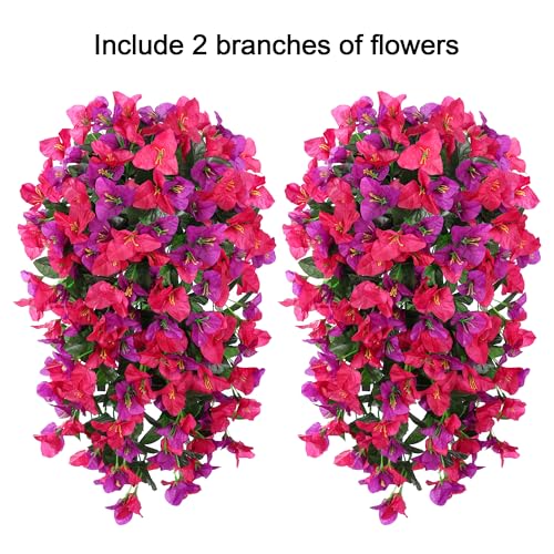 HyeFlora Bougainvillea Artificial Hanging Flowers Plants for Outdoors Decoration, 2pcs Fake Flowers Silk Bougainvillea Vines Realistic UV Resistant Faux Flowers for Outdoor Planters Porch Patio, Mix - color: Purple + Hot Pink