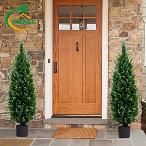4FT Artificial Topiary Trees Beautiful Realistic Faux Cedar Pines UV Protection for Indoor Outdoor Front Porch Decorate- Set of 2 - size: 4ft