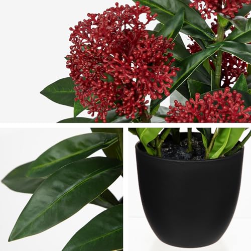Briful Artificial Potted Flowers, 14.2in Realistic Faux Skimmia Japonica Flowers with Berries Silk Floral Centerpiece for Home Office Bathroom Kitchen Shelf Table Decor, Red - color: Red