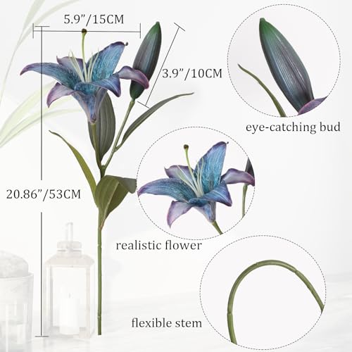 Blue Silk Flowers Fake Lillies 6PCS Vintage Lily Flowers Artificial Fake Blue Flowers Floral Arrangements Wedding Bouquet Party Eater Home Table Decor - color: 6pcs-blue