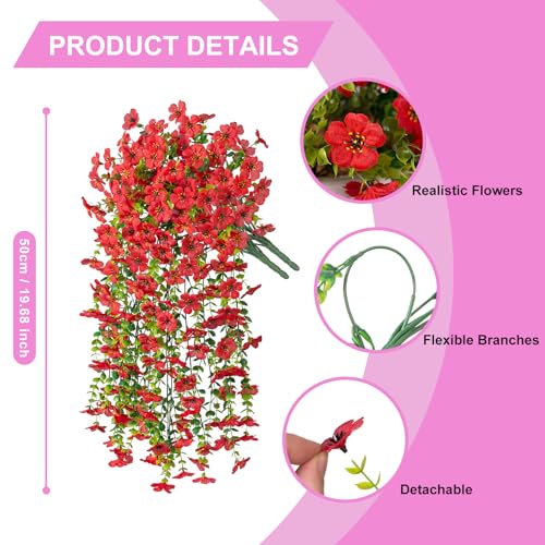 Hrobek 4 PCS Artificial Hanging Plants Flowers for Outdoor Srpring Summer Decoration, Fake Realistic Daisy Eucalyptus for Outdoors, Faux Plastic Greenery Long Vine Indoor Wall Patio Porch Decor - color: A-red