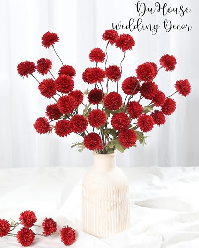 DuHouse 6pcs Artificial Flowers Faux Silk Pompon Mum,Silk Small Mini Chrysanthemum Ball with Stems for DIY Bouquets Centerpieces Vase Home Table Kitchen Decorations(Dark Red) - color: Dark Red, size: 6pcs