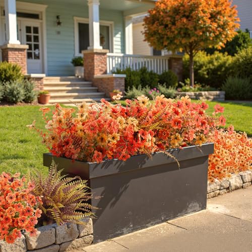 20 Bundles Artificial Fall Flowers for Outdoors Decoration, Fake Mums Silk Daisy Faux Plastic Plants Boston Fern UV Resistant for Autumn Thanksgiving Garden Planters Home Decor, Mixed Orange - color: Yellow Orange