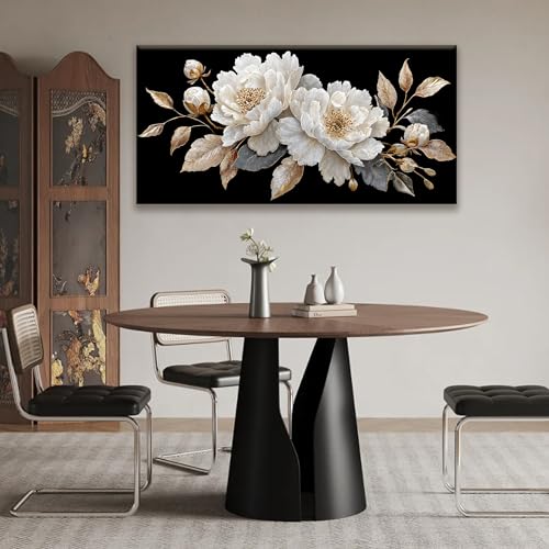 Modern Wall Art Decor Elegant White Flower Picture Artwork Home Wall Decor Canvas Wall Art For Living Room Bedroom Office Kitchen Ready To Hang 24x48 Inch Canvas Prints - color: White Black Gold, size: 48"L x 24"W
