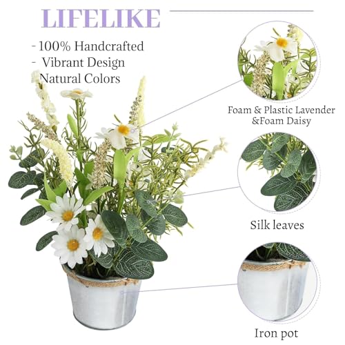 Artificial Flowers Potted, 12.2'’ Small Flower Arrangement with White Daisy Lavender in Metal Pot, Fake Floral Centerpieces for Tables Spring Summer All Season Home Indoor Decaorations - color: Cream 01