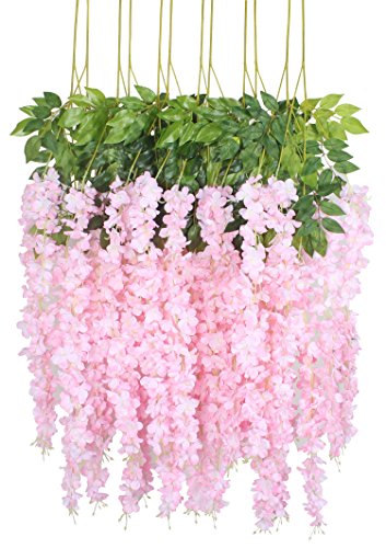 Duovlo 12 Piece Artificial Silk Wisteria Vine 3.6 Feet Ratta Hanging Flower Garland String Home Party Wedding Decor (Light Pink) - color: Light Pink