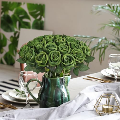 30pcs Fake Roses Artificial Silk Flowers Long Stems Bouquet for Wedding Bridal Shower Party Home Decoration (Green) - color: Green