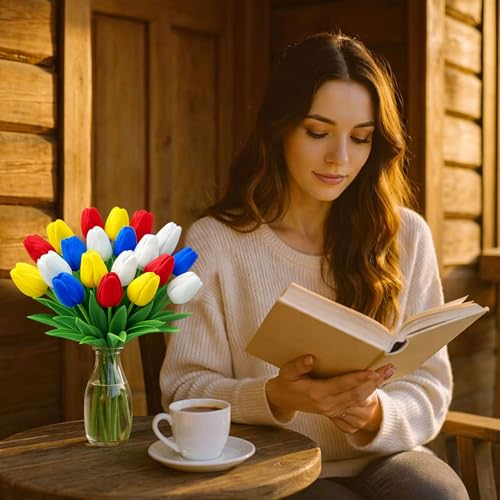 20 Pcs Tulips Artificial Flowers, 13.5'' Real Touch PU Fake Flowers Bouquet for Home Party, Spring Wedding Floral Arrangement, Valentine's, Easter and Mother's Day Decor (Yellow,Red,Blue) - color: Yellow,red,blue