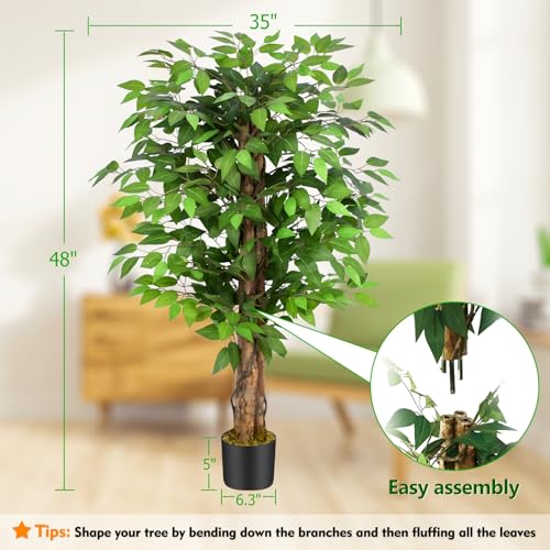 4ft Ficus Artificial Trees with Natural Curved Trunks, 48" Tall Lush Faux Tree for Home Decor Indoor, Green Lifelike Fake Ficus Tree Artificial Plants - size: 4ft
