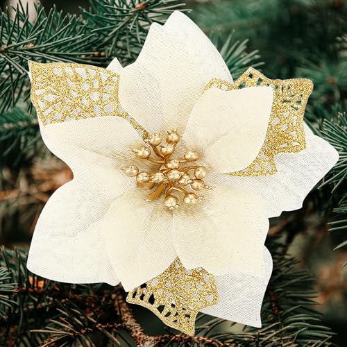 SITUMEIZI 24 Pcs Gold Poinsettia Artificial Christmas Flowers 5.5" Glitter Poinsettias Christmas Tree Decoration Flower with Stems & Clips for Wreath Xmas Tree New Year Party Ornament Wedding - color: Gold