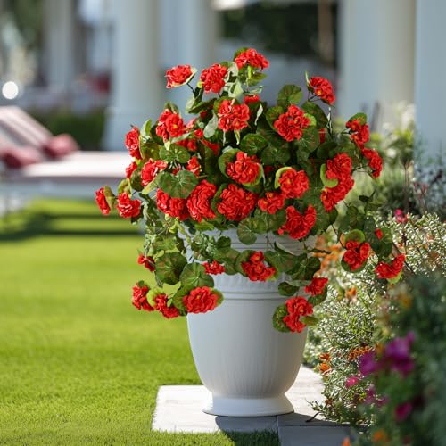 Artificial Geranium Flowers for Outdoor 2 Pcs Artificial Red Flower Fake Flowers with Stems Silk Realistic Look Real Floral Arrangement for Front Door Porch Planter Patio Balcony (2 Pcs Red) - color: 2 Pcs Red