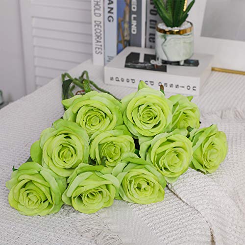 Nubry Artificial Silk Rose Flower Bouquet Lifelike Fake Rose for Wedding Home Party Decoration Event Gift 10pcs (Green) - color: Green