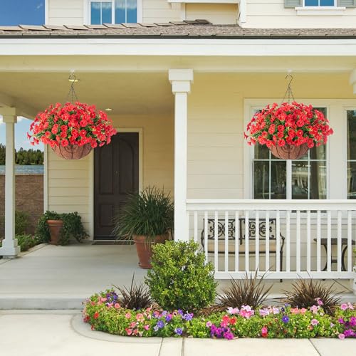 HyeFlora Artificial Fake Hanging Flowers for Outdoors Baskets Spring Decor, Faux Hanging Plants Outside Silk Morning Glory in Planter Look Real UV Resistant for Outdoor Porch Patio Garden Home, Red - color: B Red