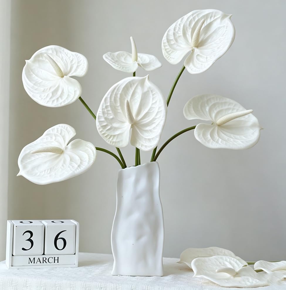 5 PC 24inch Artificial Anthurium Lily Flowers Permanent for Home Decor Bouquet and Green Leaf for Home Bridal Wedding Festival Party, Crafts, Store Decor Small Flower Bouquet Accessories (Pure White) - color: Pure White