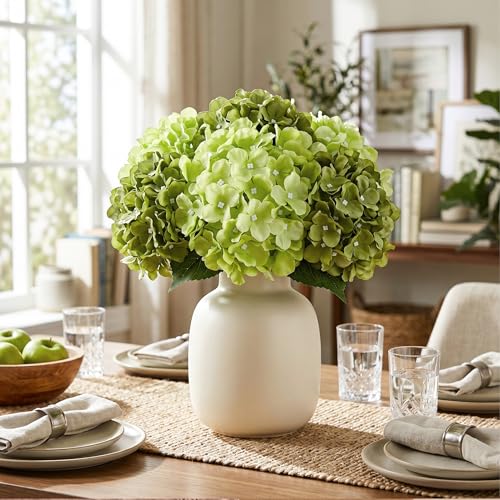 Auihiay 10Pcs Artificial Hydrangea Flowers Bulk, Realistic Faux Silk Hydrangea with Stems, Fake Flowers for Spring Garden Kitchen Counter Office Table Decor Centerpieces(Mixed Green) - color: Green