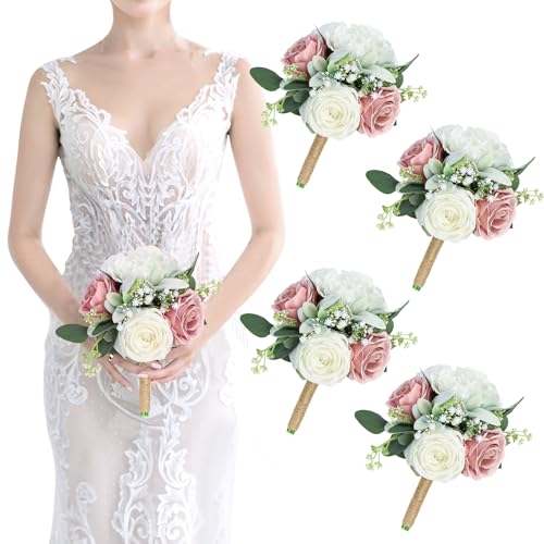 Artificial Bridesmaid Bouquets 4Pcs -7 Inch Bridesmaid Bouquets Pink Fake Floral Silk Rose Handmade for Wedding Holding Flowers, Bridal Shower,Engagement Wedding Ceremony Anniversary - Dusty Pink - color: Dusty Pink, size: 4pcs Bouquets