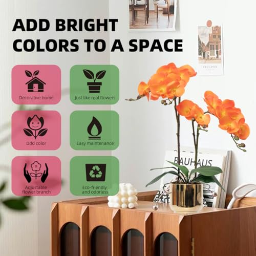 CXGS Orchids Artificial Flowers Real Touch Fake Flowers in Ceramic Pot 20" Orange Faux Orchid Plant Lifelike Silk Phalaenopsis for Centerpiece Hotel Home Indoor Decor - color: Orange- Gold Vase